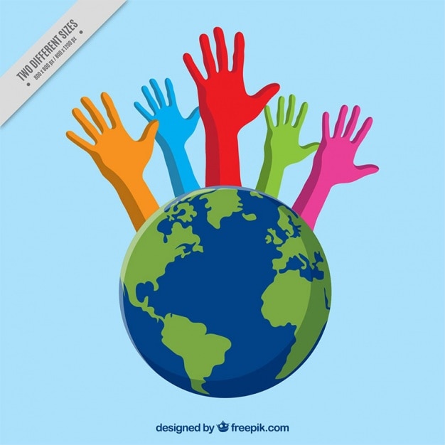 Free vector colorful hands coming out of the world