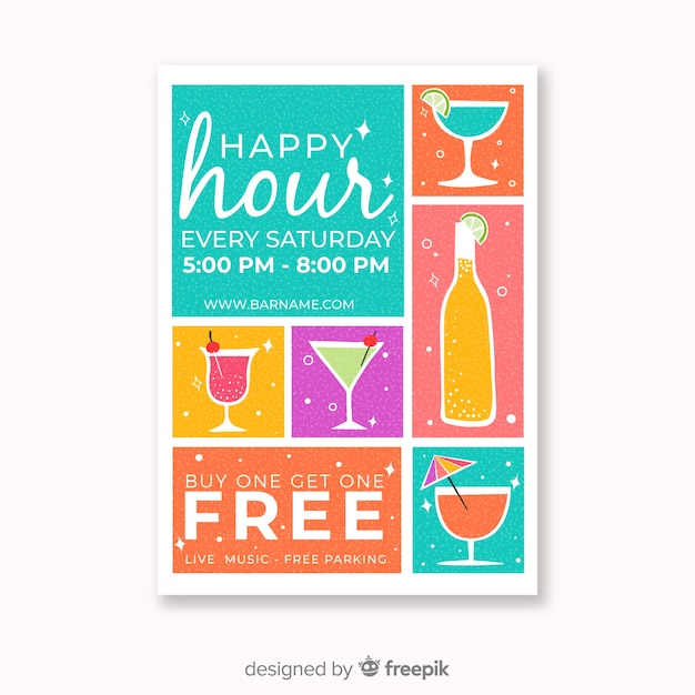 Vettore gratuito poster colorato happy hour con cocktail