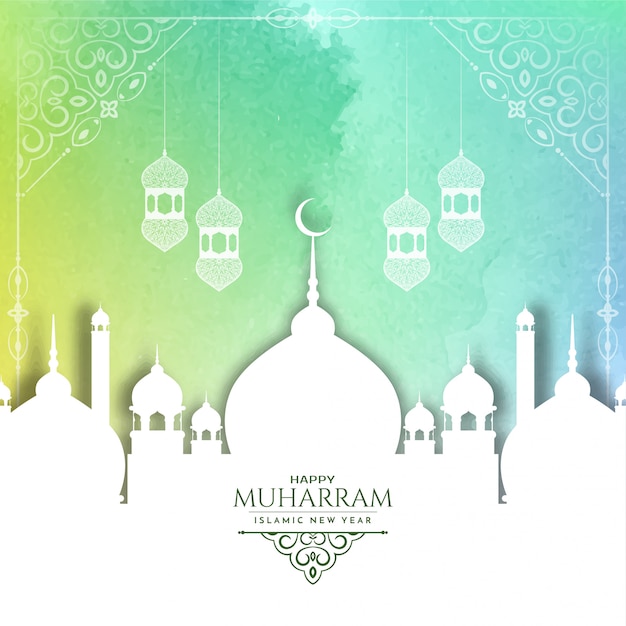 Colorful happy muharram background with white mosque