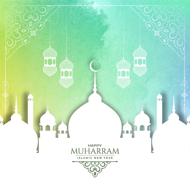 Colorful Happy Muharram background with white mosque