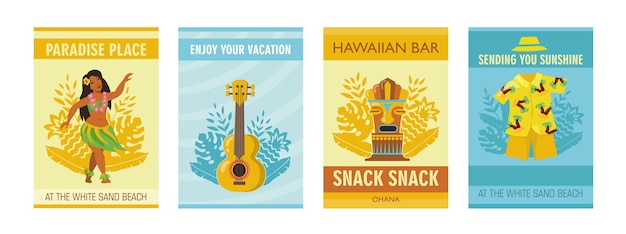 Colorful hawaiian posters with traditional symbols vector illustration