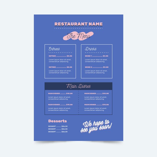 Colorful healthy food restaurant blue menu template