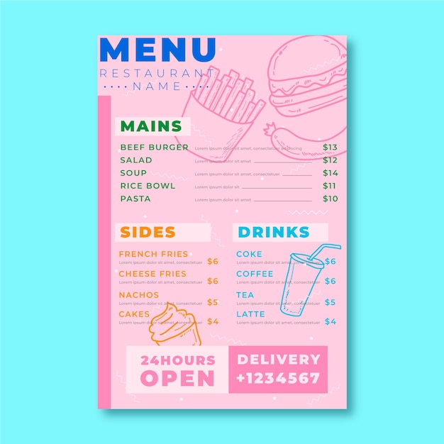 Colorful healthy food restaurant menu template