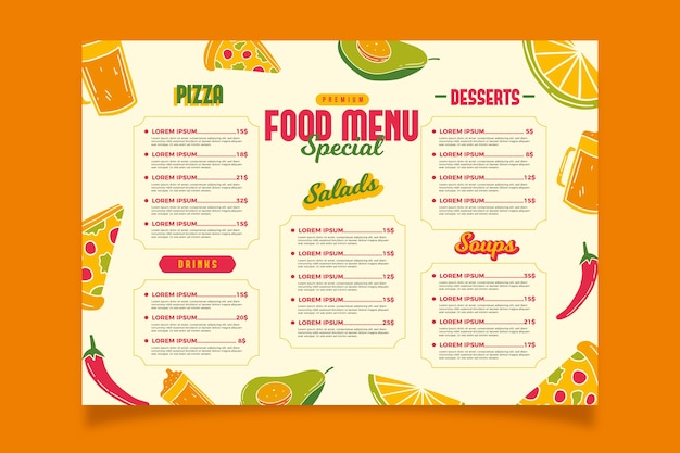 Vettore gratuito modello di menu ristorante cibo sano colorato