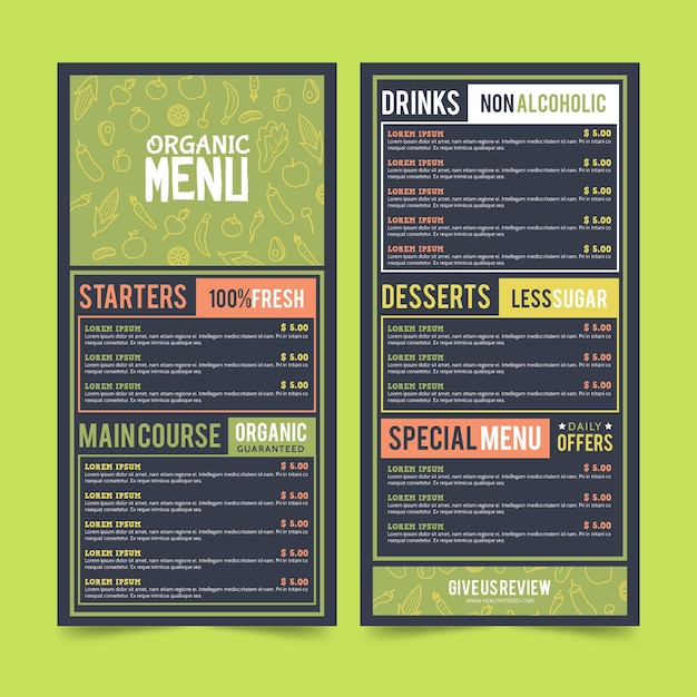 Colorful healthy food restaurant menu template