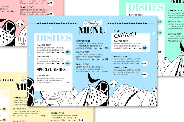 Vettore gratuito modello di menu ristorante cibo sano colorato