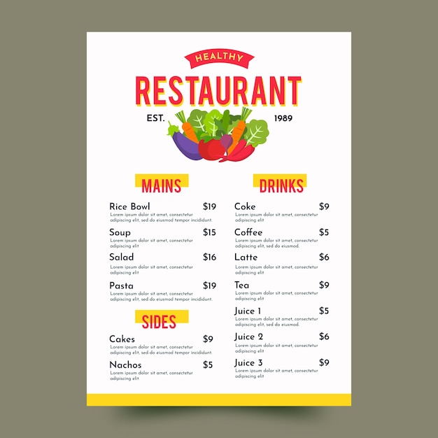 Colorful healthy food restaurant menu template