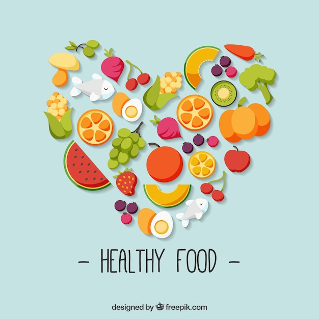 Colorful healthy food with heart-shaped