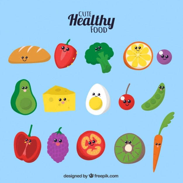 Free vector colorful healthy food with smiling faces