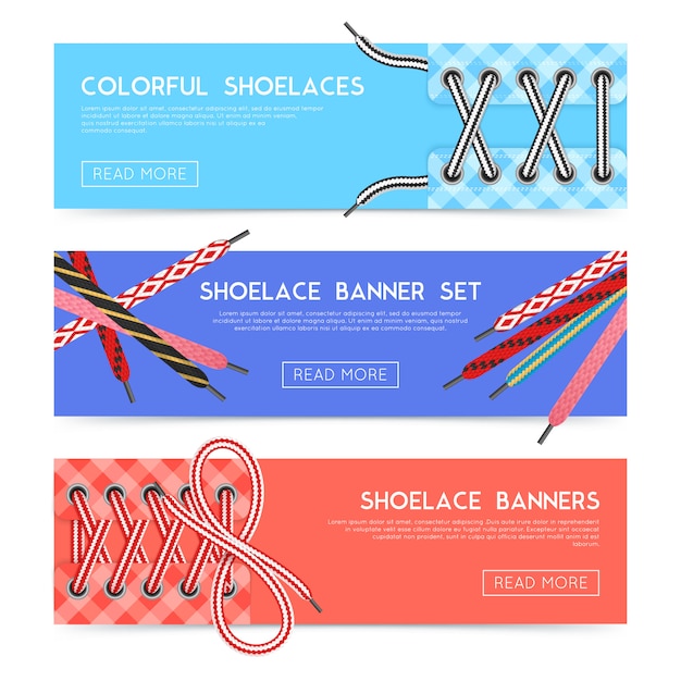 Free vector colorful horizontal banners set with various shoelaces flat isolated vector illustration