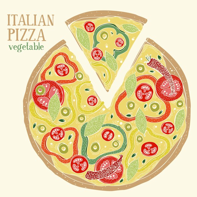 イタリアンピザペパロニのカラフルなイラスト 手描きの背景食品イラスト プレミアムベクター