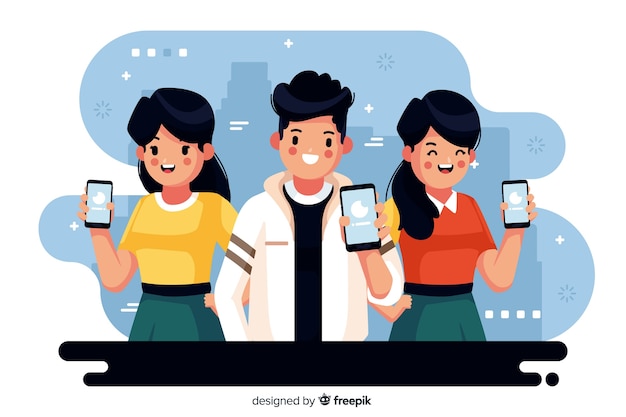 携帯電話を見て若い人たちのカラフルなイラスト