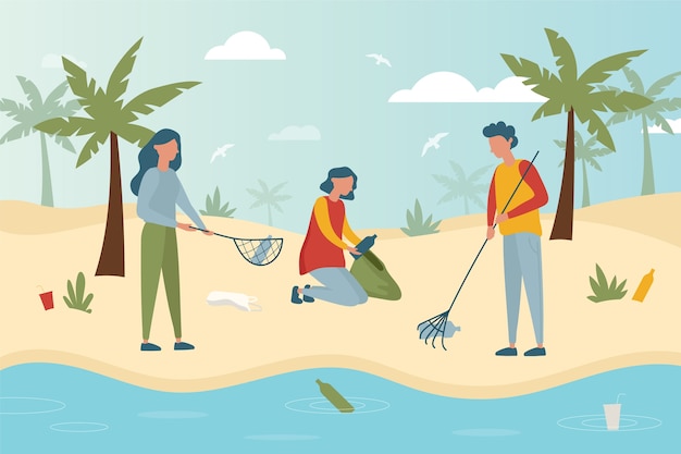 Vettore gratuito illustrazione variopinta della gente che pulisce la spiaggia