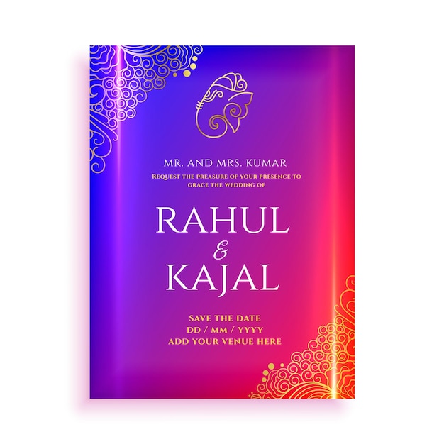 Free vector colorful indian wedding invitation luxurious card design