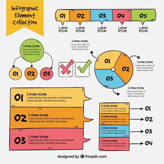 Vettore gratuito stile disegnato a mano di raccolta di elementi infographic colorato