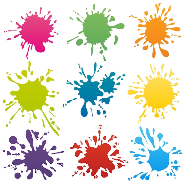 Бесплатное векторное изображение Набор красочных пятен чернил. всплеск брызги абстрактной формы. векторная иллюстрация