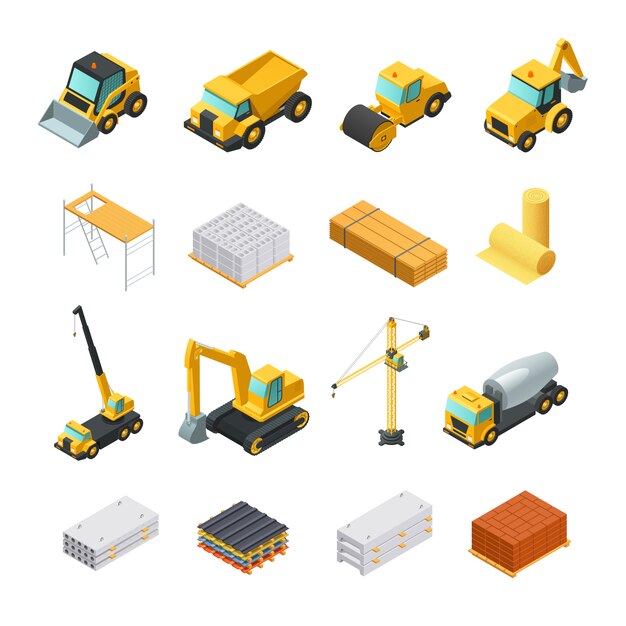 Colorful isometric construction icons set with various materials and transport isolated on white bac
