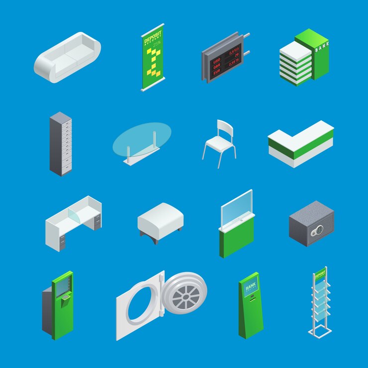 Free Vector colorful isometric elements set for bank interior with furniture and atm isolated on blue background
