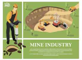 Free vector colorful isometric mining industry composition with miner holding hammer drill and industrial machines extracting minerals in quarry