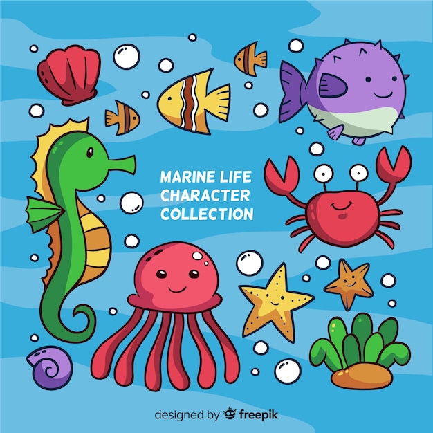 Colorful kawaii sea animals collection