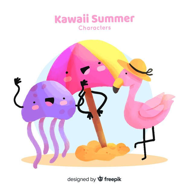 Colorful kawaii summer elements collection