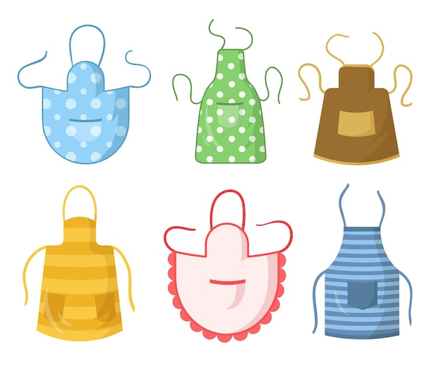 Colorful kitchen aprons set. Protective clothing with pattern collection design