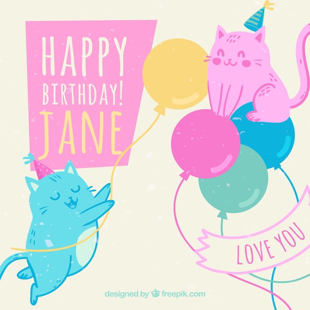 Free vector colorful kittens background with birthday balloons