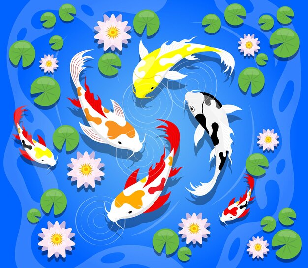 カラフル​な​鯉​の​鯉​と​蓮​の​花​の​イラスト