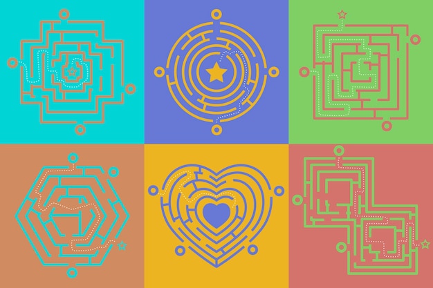 Free vector colorful labyrinth of different shapes cartoon illustration set. heart, square, oval and round maze, puzzle or riddle for finding right way, exit or direction. mental game, conundrum concept