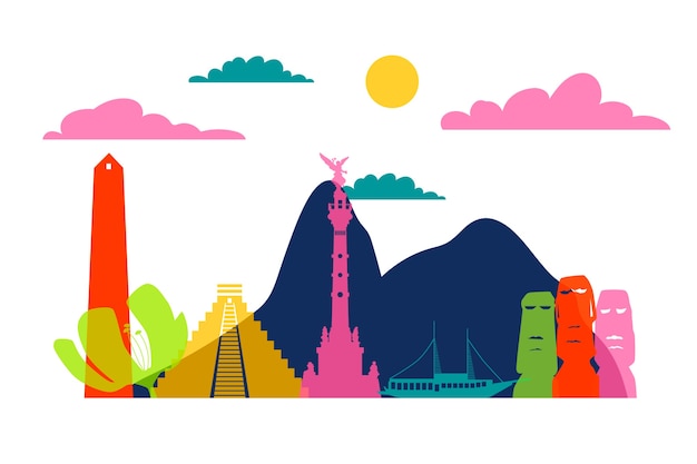 Colorful landmarks skyline concept