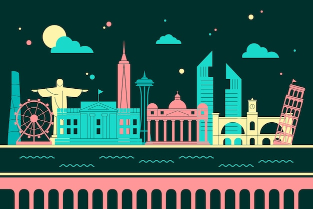 Colorful landmarks skyline design