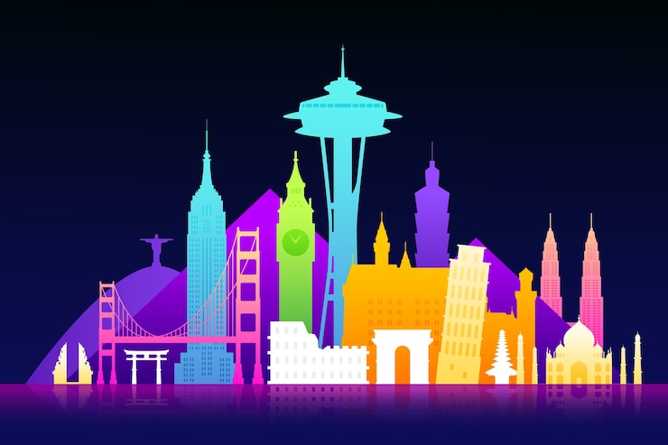無料Vector 夜のカラフルなランドマークスカイライン