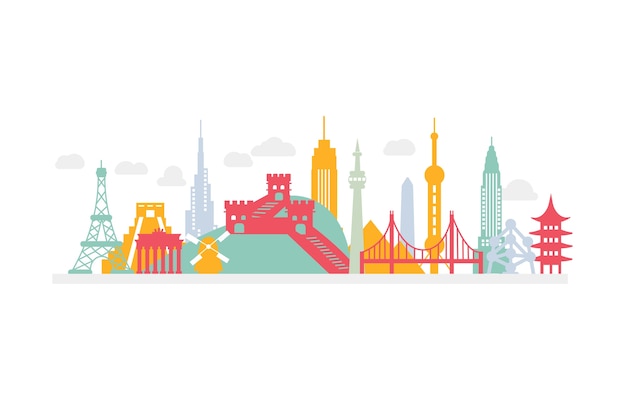 Colorful landmarks skyline