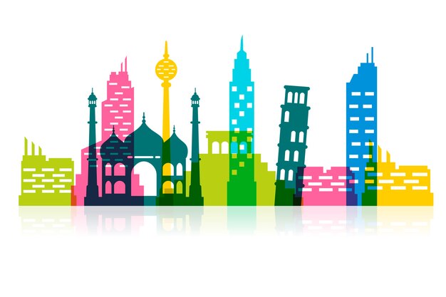 Colorful landmarks skyline