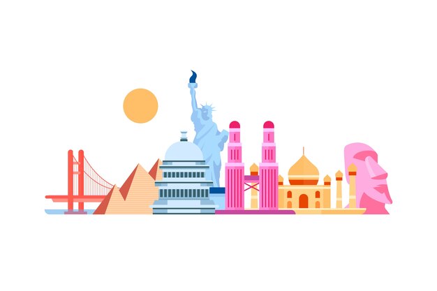 Colorful landmarks skyline