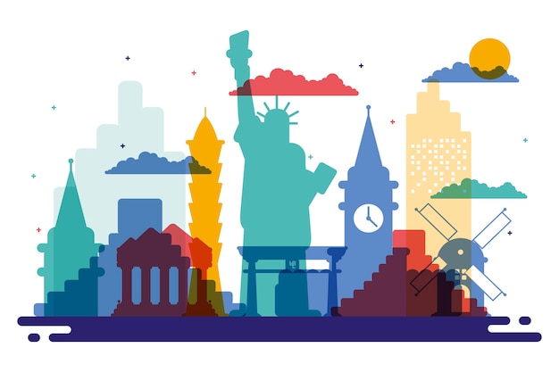 Free vector colorful landmarks skyline