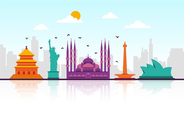 Colorful landmarks skyline