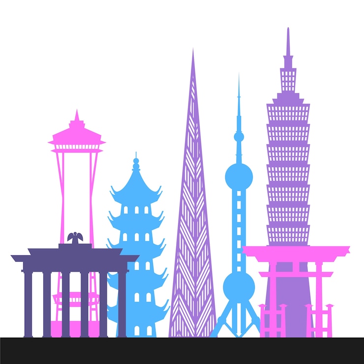 無料Vector カラフルなランドマークスカイライン
