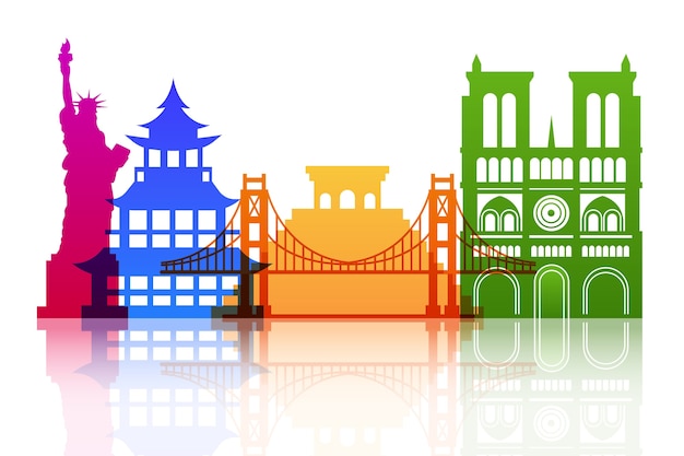 Colorful landmarks skyline