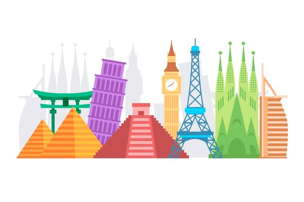 Colorful landmarks skyline