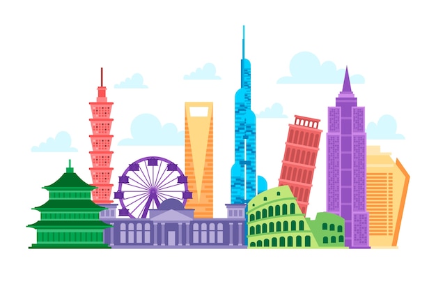 Free vector colorful landmarks skyline