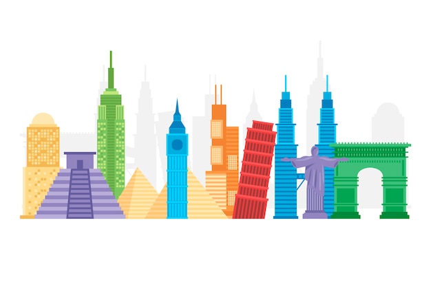 Colorful landmarks skyline