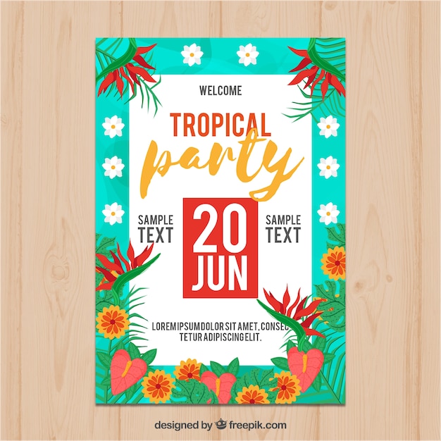 Free vector colorful leaflet of tropical party with leaves and flowers