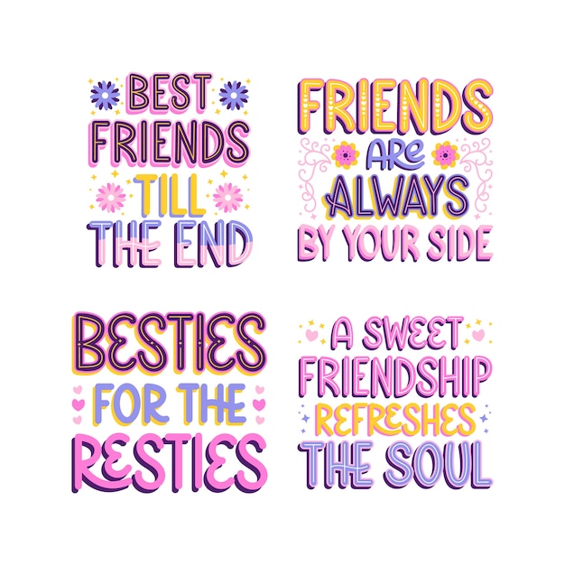 Free vector colorful lettering best friends stickers set