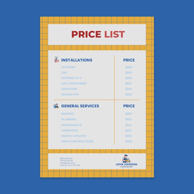 Free vector colorful linear john johnson handyman price list template