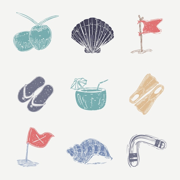 Бесплатное векторное изображение Красочная морская коллекция линогравюры
