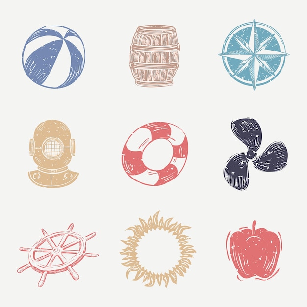 Colorful linocut nautical icon collection