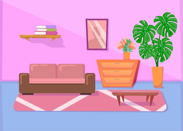 Colorful living room interior with sofa and other furniture. Cartoon illustration