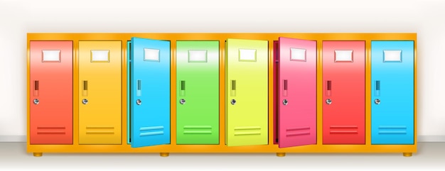 Colorful lockers vector school or gym changing room metal cabinets row of multicolored storage with ...