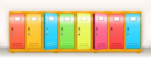 Бесплатное векторное изображение Красочные шкафчики вектор школа или спортзал раздевалки металлические шкафы ряд разноцветных хранилищ с ...